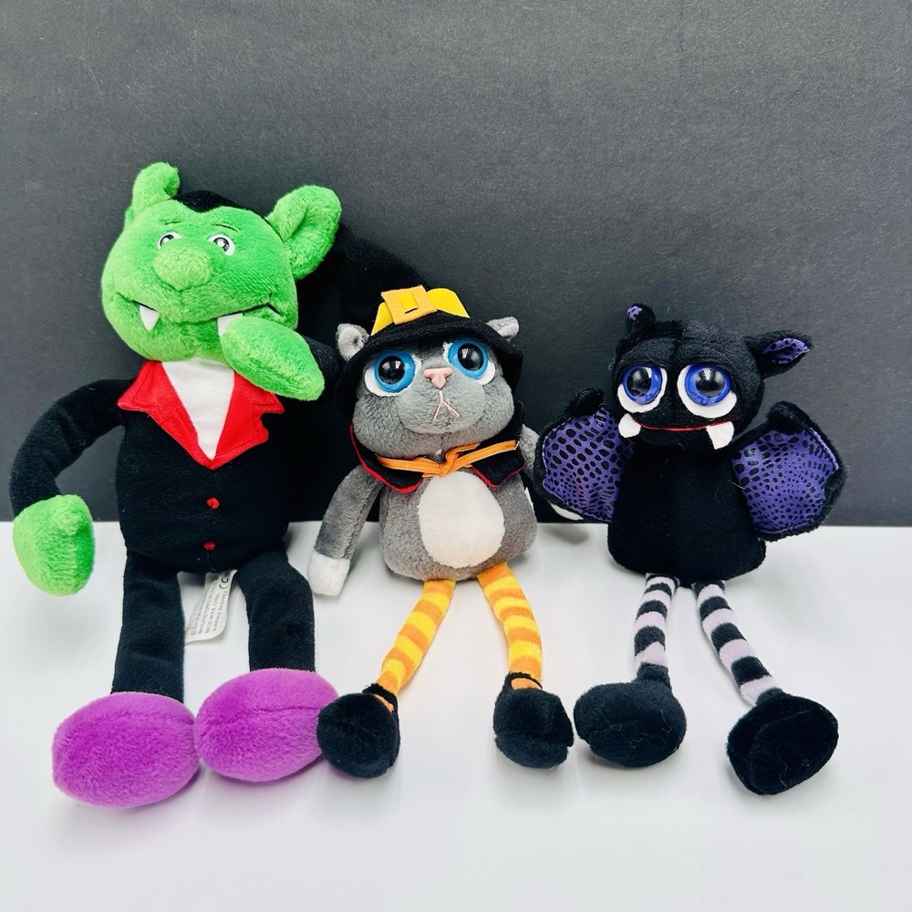 Vintage Lot of 3 Small Halloween Stuffed Plush Dracula, Kitty Cat, Bat